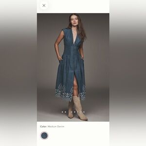 Anthropologie The Tommie Denim Eyelet Trim Dress Blue White Embroidery XS